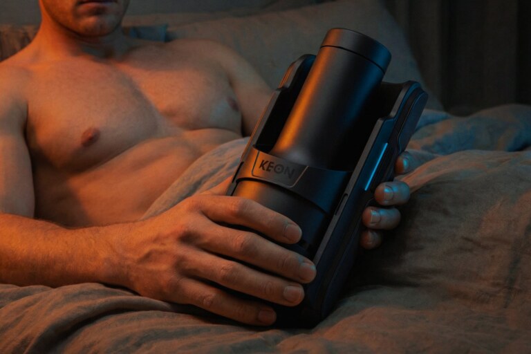 Shirtless in his bed, holding the Keon 2