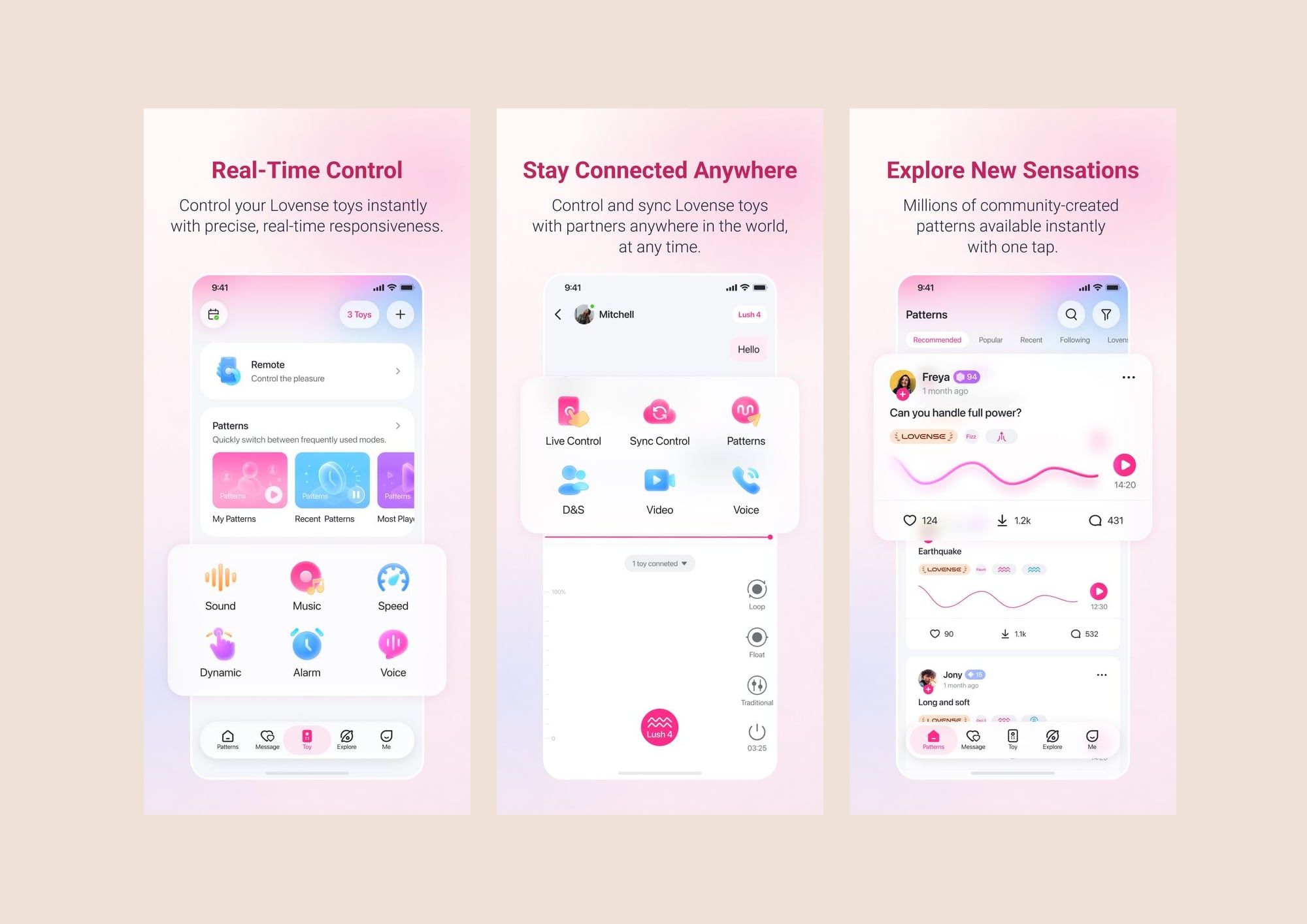 Three official screenshots of the Lovense Remote app